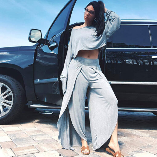 Oblique Shoulder Long-Sleeve Crop Top And Casual Split Pants Solid Color Two Piece Sets - Image 15