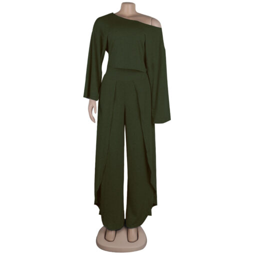 Oblique Shoulder Long-Sleeve Crop Top And Casual Split Pants Solid Color Two Piece Sets - Image 19