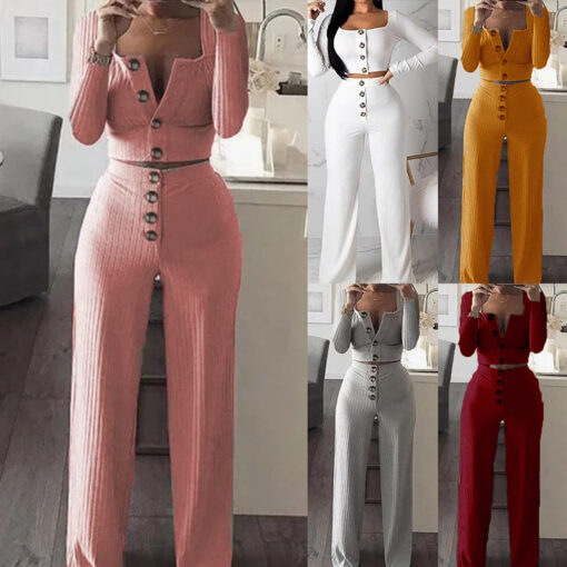 S-2XL Women Fashion Solid Color Single-Breasted Top And Pants Two Piece Set