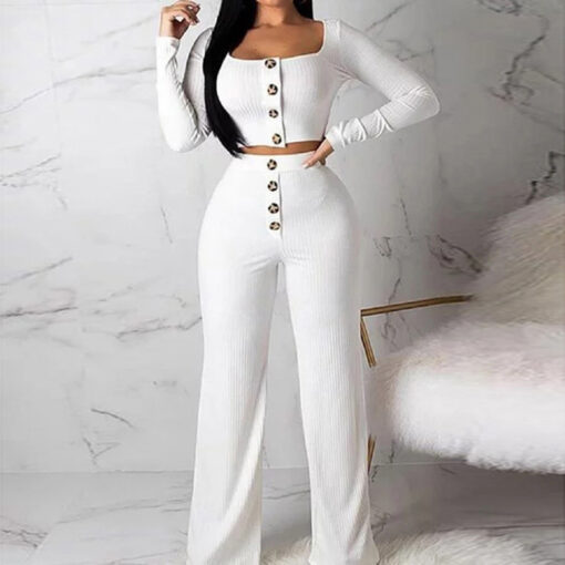 S-2XL Women Fashion Solid Color Single-Breasted Top And Pants Two Piece Set - Image 6