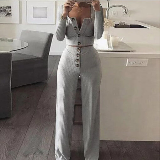 S-2XL Women Fashion Solid Color Single-Breasted Top And Pants Two Piece Set - Image 4