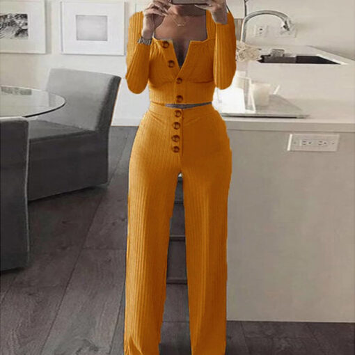 S-2XL Women Fashion Solid Color Single-Breasted Top And Pants Two Piece Set - Image 5