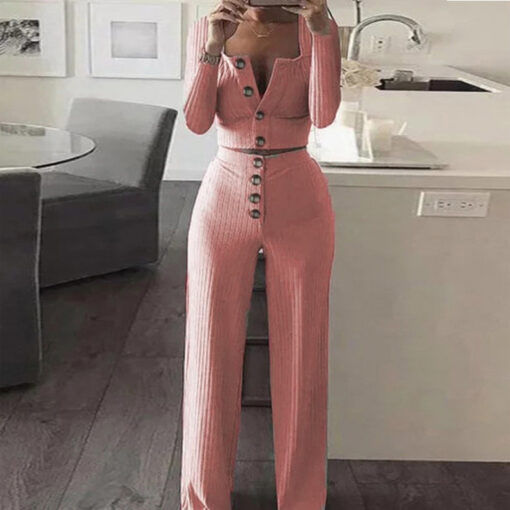 S-2XL Women Fashion Solid Color Single-Breasted Top And Pants Two Piece Set - Image 2