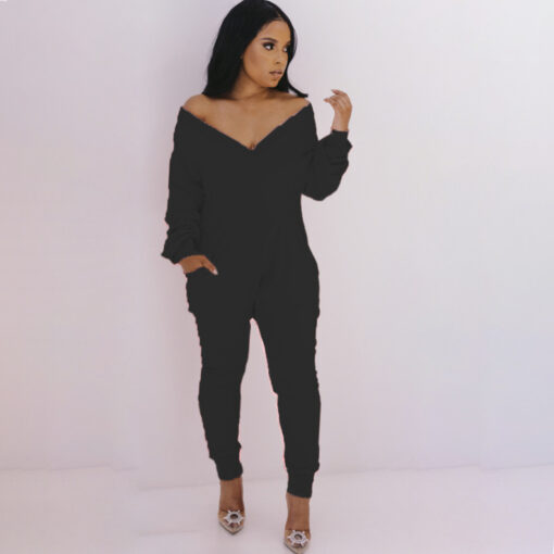 Women Solid Color V-Neck Long-Sleeved Waist Fashion Casual Jumpsuit - Image 5