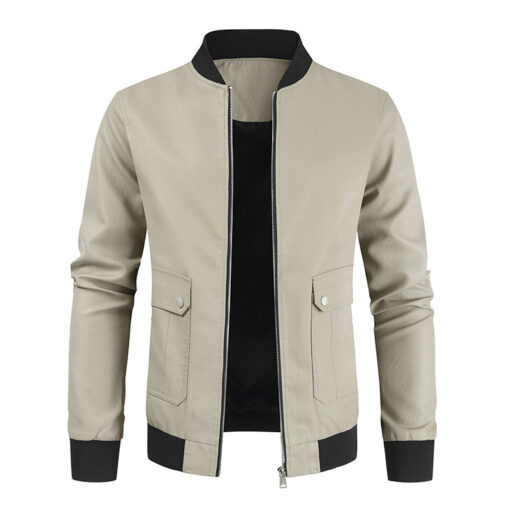 Men'S Casual Stand Collar Zipper Large Pocket Pu Jacket - Image 2