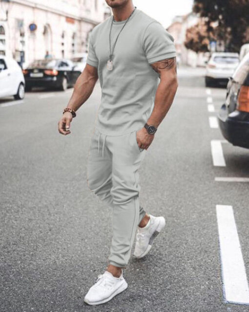 Men'S Fashion Round Neck Short Sleeve Solid Color T-Shirt And Trousers Two-Piece Set - Image 2