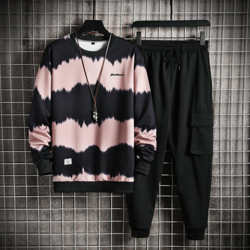 Men Plus Size Casual Long Sleeve Round Neck Gradient Sweatshirt And Drawstring Waist Jogger Pants Two-Piece Set - Image 4