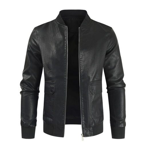 Men'S Casual Stand Collar Zipper Large Pocket Pu Jacket - Image 3