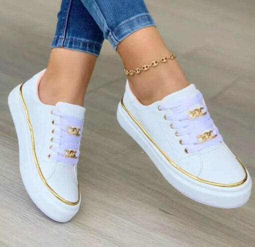 Women Plus Size Thick Bottom Chain Casual Round Toe Fashion Pu Sneakers - Image 3