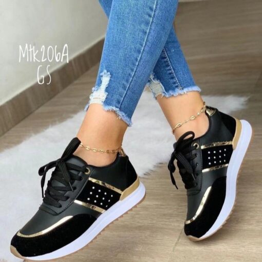 Women Fashion Round Toe Platform Colorblock Lace-Up Sneakers Plus Size - Image 3