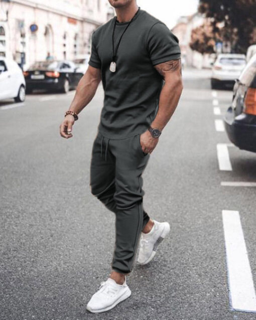 Men'S Fashion Round Neck Short Sleeve Solid Color T-Shirt And Trousers Two-Piece Set - Image 3