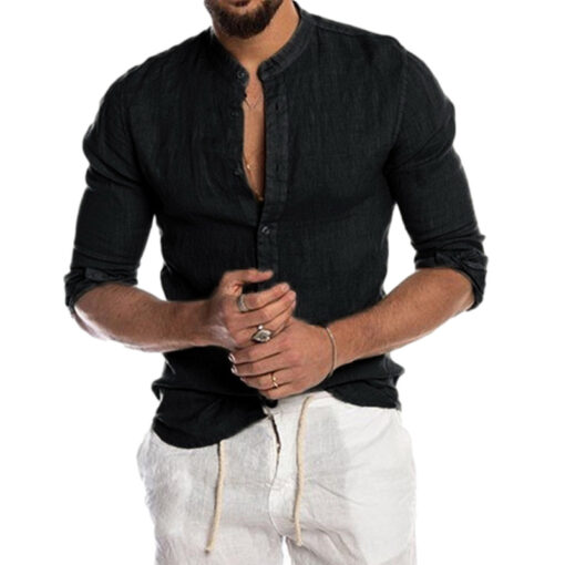 Men Fashion Stand Collar Solid Color Long Sleeve Shirt - Image 3