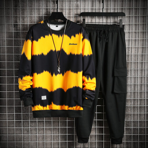 Men Plus Size Casual Long Sleeve Round Neck Gradient Sweatshirt And Drawstring Waist Jogger Pants Two-Piece Set - Image 3