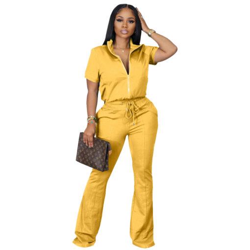 Women'S Spring And Summer Short-Sleeved Zipper Jacket Bell-Bottom Pants Casual Two-Piece Suit - Image 13