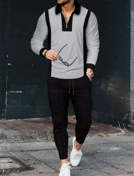 Men'S Casual Printed Lapel Long-Sleeved Sports Polo Shirt And Trousers Two-Piece Set - Image 11