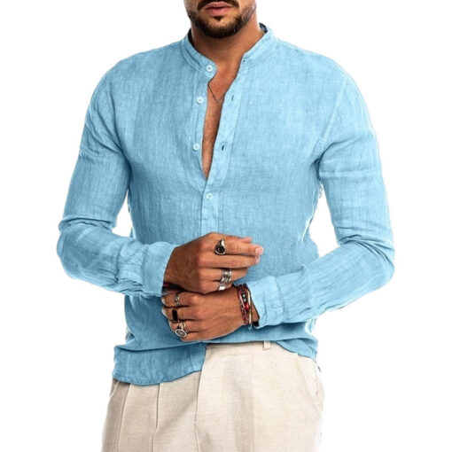 Men Fashion Stand Collar Solid Color Long Sleeve Shirt - Image 4