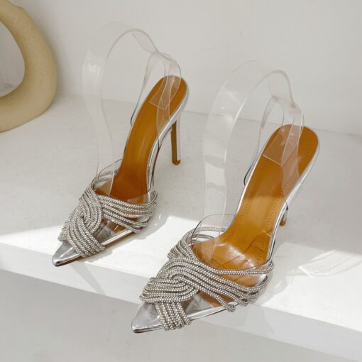 Women Fashion Pointed Toe Rhinestone Woven High Heel Mules - Image 4