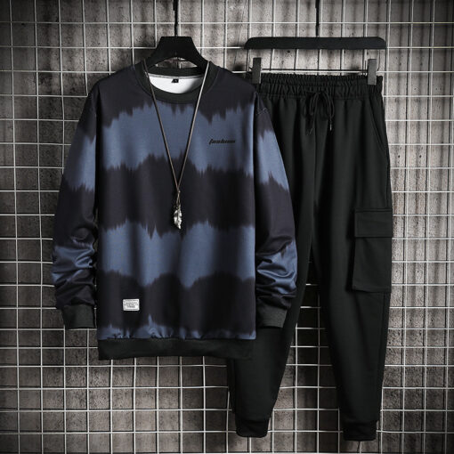 Men Plus Size Casual Long Sleeve Round Neck Gradient Sweatshirt And Drawstring Waist Jogger Pants Two-Piece Set - Image 2