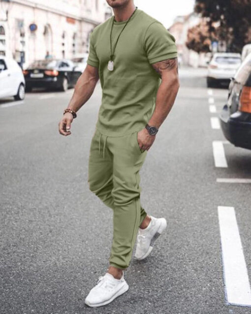 Men'S Fashion Round Neck Short Sleeve Solid Color T-Shirt And Trousers Two-Piece Set - Image 4