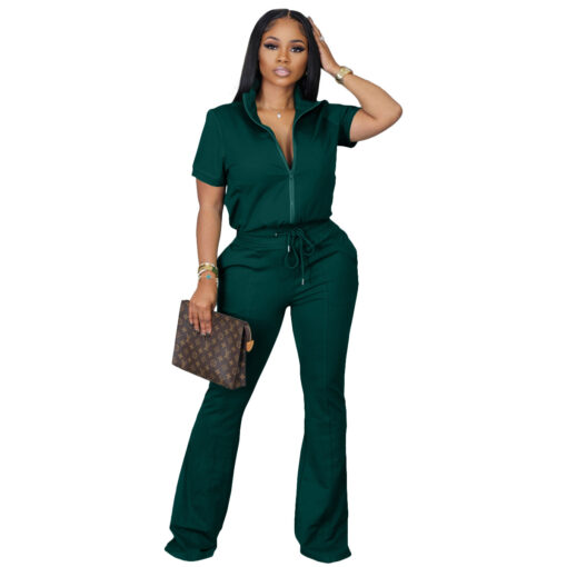 Women'S Spring And Summer Short-Sleeved Zipper Jacket Bell-Bottom Pants Casual Two-Piece Suit - Image 14