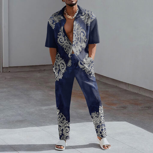 Men'S Fashion Lapel Short Sleeve Printed Shirt And Trousers Two-Piece Set - Image 18