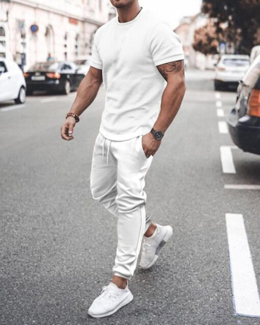 Men'S Fashion Round Neck Short Sleeve Solid Color T-Shirt And Trousers Two-Piece Set - Image 5