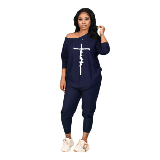 Women Casual Round Neck Fashion Peace Faith Letter Printing Top And Pants Two-Piece Set - Image 14