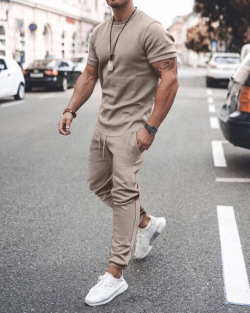 Men'S Fashion Round Neck Short Sleeve Solid Color T-Shirt And Trousers Two-Piece Set