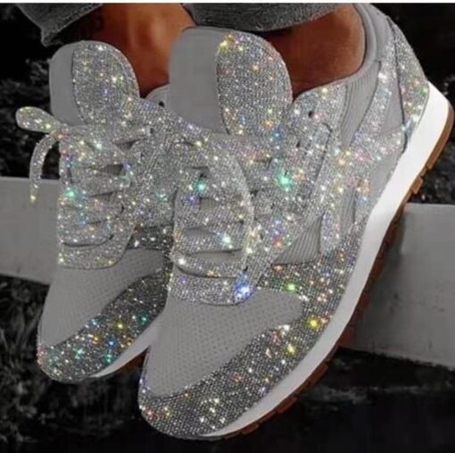 Women Fashion Round Toe Platform Sequins Rhinestone Platform Sneakers - Image 3