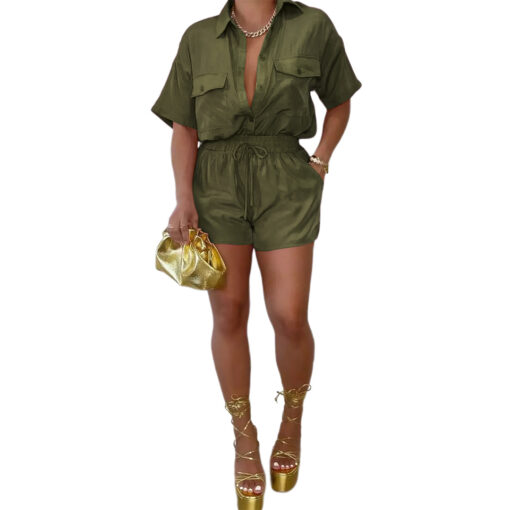 Women Casual Button Pocket Short Sleeve Shirt And Shorts Fashion Two Pieces Set - Image 6