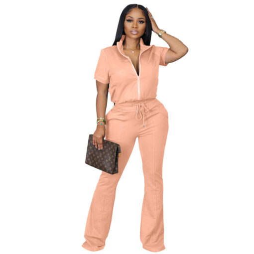 Women'S Spring And Summer Short-Sleeved Zipper Jacket Bell-Bottom Pants Casual Two-Piece Suit - Image 17