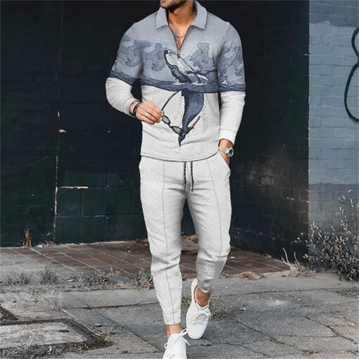 Men'S Casual Printed Lapel Long-Sleeved Sports Polo Shirt And Trousers Two-Piece Set - Image 7