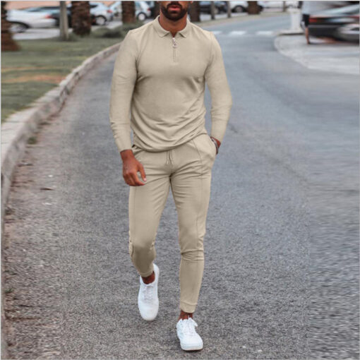 Men'S Fashion Lapel Zipper Solid Color Sweatshirt And Trousers Two-Piece Set - Image 2