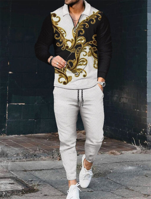 Men'S Casual Printed Lapel Long-Sleeved Sports Polo Shirt And Trousers Two-Piece Set - Image 8