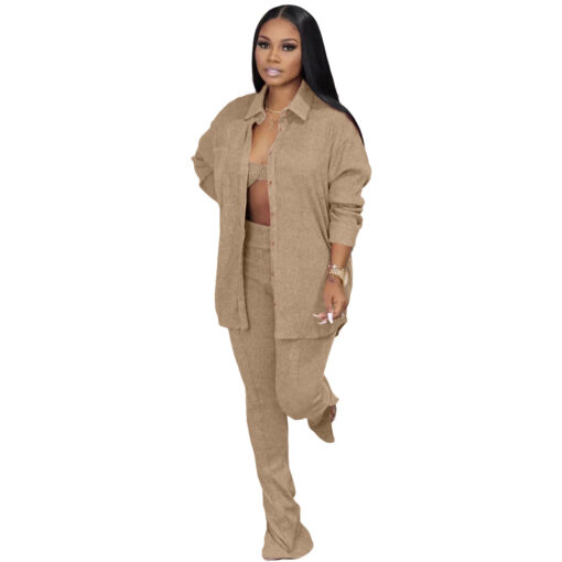 Women Solid Bra And Shirt Lapel Long Sleeve Top And Slit Pants Casual Three Piece Set - Image 17