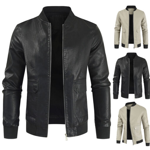 Men'S Casual Stand Collar Zipper Large Pocket Pu Jacket