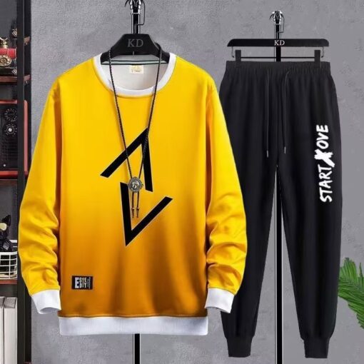 Men'S Casual Round Neck Long Sleeve Gradient Sweatshirt And Trousers Two-Piece Set