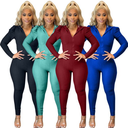 Women Solid Color Hooded Long Sleeve Zipper Top And Pants Fashion Two-Piece Set - Image 7