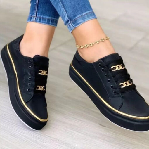 Women Plus Size Thick Bottom Chain Casual Round Toe Fashion Pu Sneakers