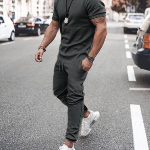 Men'S Fashion Round Neck Short Sleeve Solid Color T-Shirt And Trousers Two-Piece Set