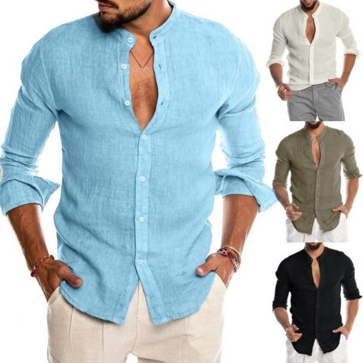 Men Fashion Stand Collar Solid Color Long Sleeve Shirt