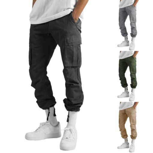 Men'S Casual Solid Color Lace-Up Multi-Pocket Trousers