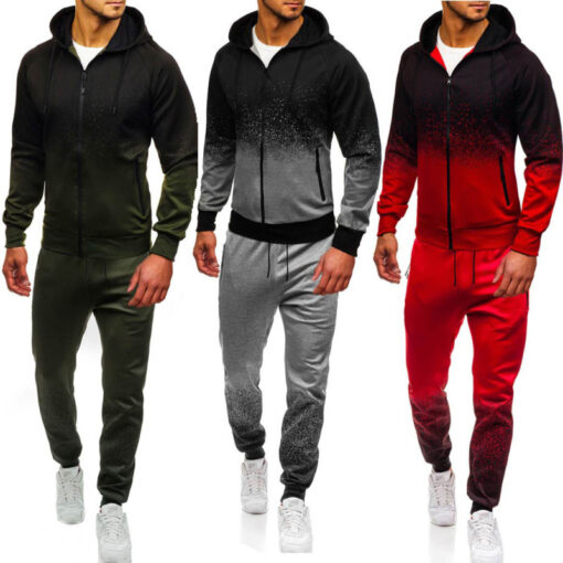 Men'S Casual Gradient Hooded Long Sleeve Sports Jacket And Pants Two-Piece Set