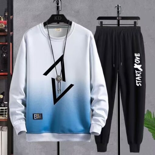 Men'S Casual Round Neck Long Sleeve Gradient Sweatshirt And Trousers Two-Piece Set - Image 2