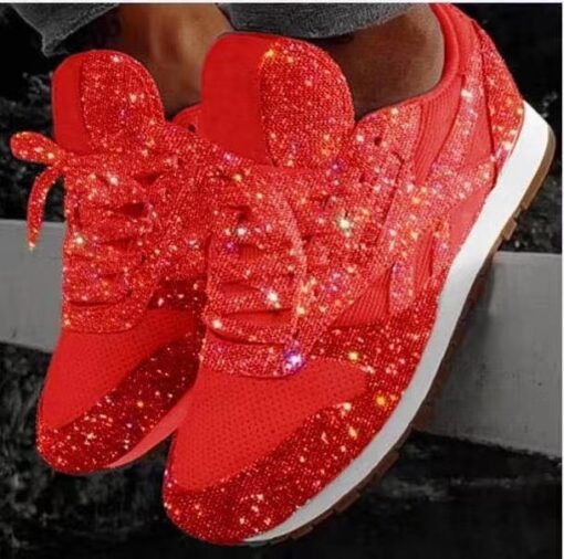 Women Fashion Round Toe Platform Sequins Rhinestone Platform Sneakers