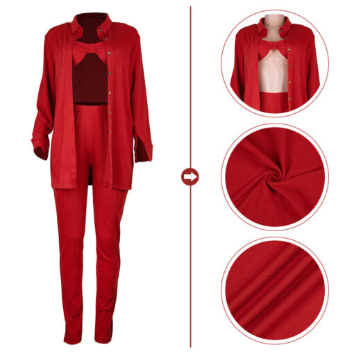 Women Solid Bra And Shirt Lapel Long Sleeve Top And Slit Pants Casual Three Piece Set - Image 15