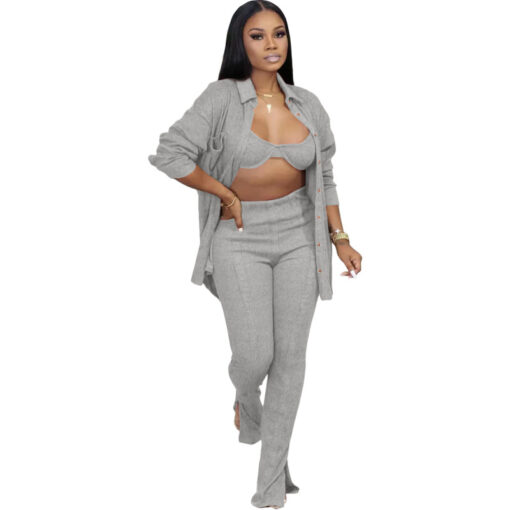 Women Solid Bra And Shirt Lapel Long Sleeve Top And Slit Pants Casual Three Piece Set - Image 16