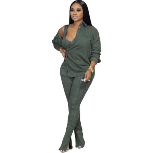 Women Solid Bra And Shirt Lapel Long Sleeve Top And Slit Pants Casual Three Piece Set - Image 12