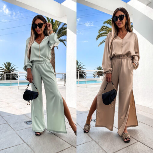 Women Solid Satin V-Neck Long Sleeve Top And Wide Leg Slit Pants Two Piece Set - Image 6