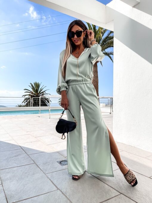 Women Solid Satin V-Neck Long Sleeve Top And Wide Leg Slit Pants Two Piece Set - Image 5